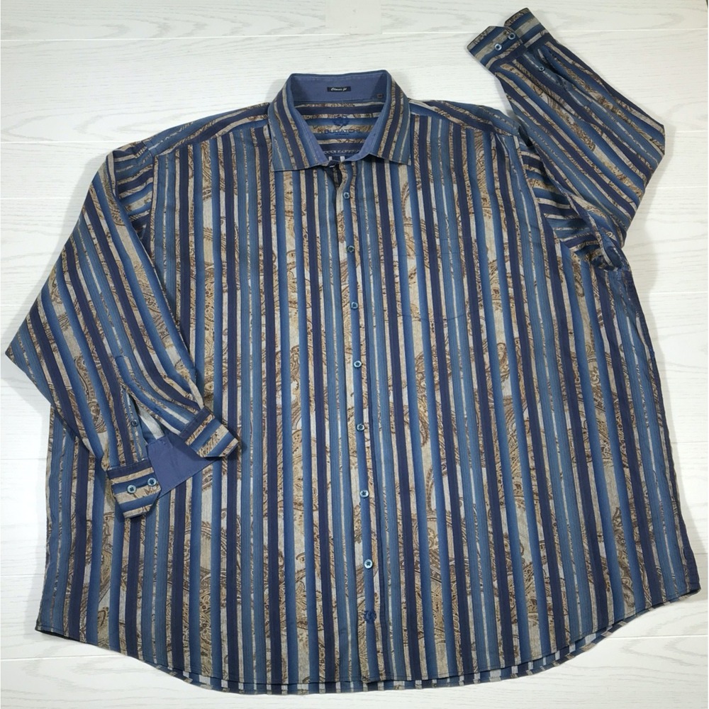 Bugatchi Long Sleeve Button Up Shirt Men's 4XB Blue Striped Designer Italian
